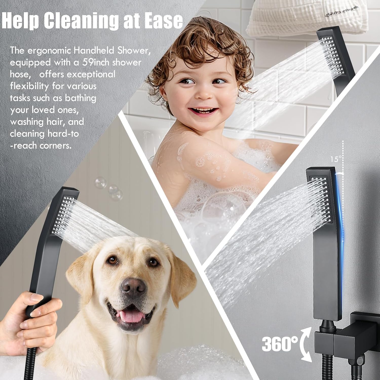 Dual Head Shower System Matte Black Shower Faucet Set with 3 Way Pressure Balance Button Diverter Valve, 12" Ceiling and 6" Wall Mount Double Rainfall Showerhead with Handheld Spray