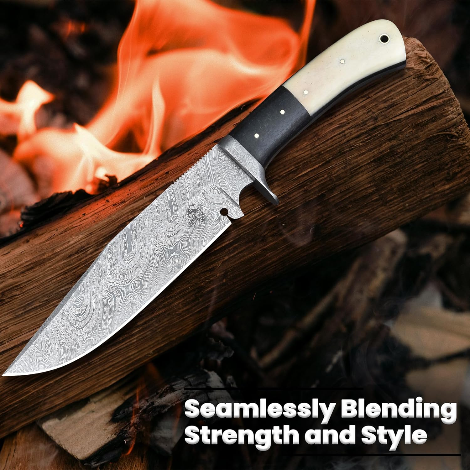 Knives Ranch Damascus Hunting Knife, Full Tang Camping Knife, Cattle Femur & Burlap Micarta Handle, Heavy-Duty Leather Sheath (2201-B)