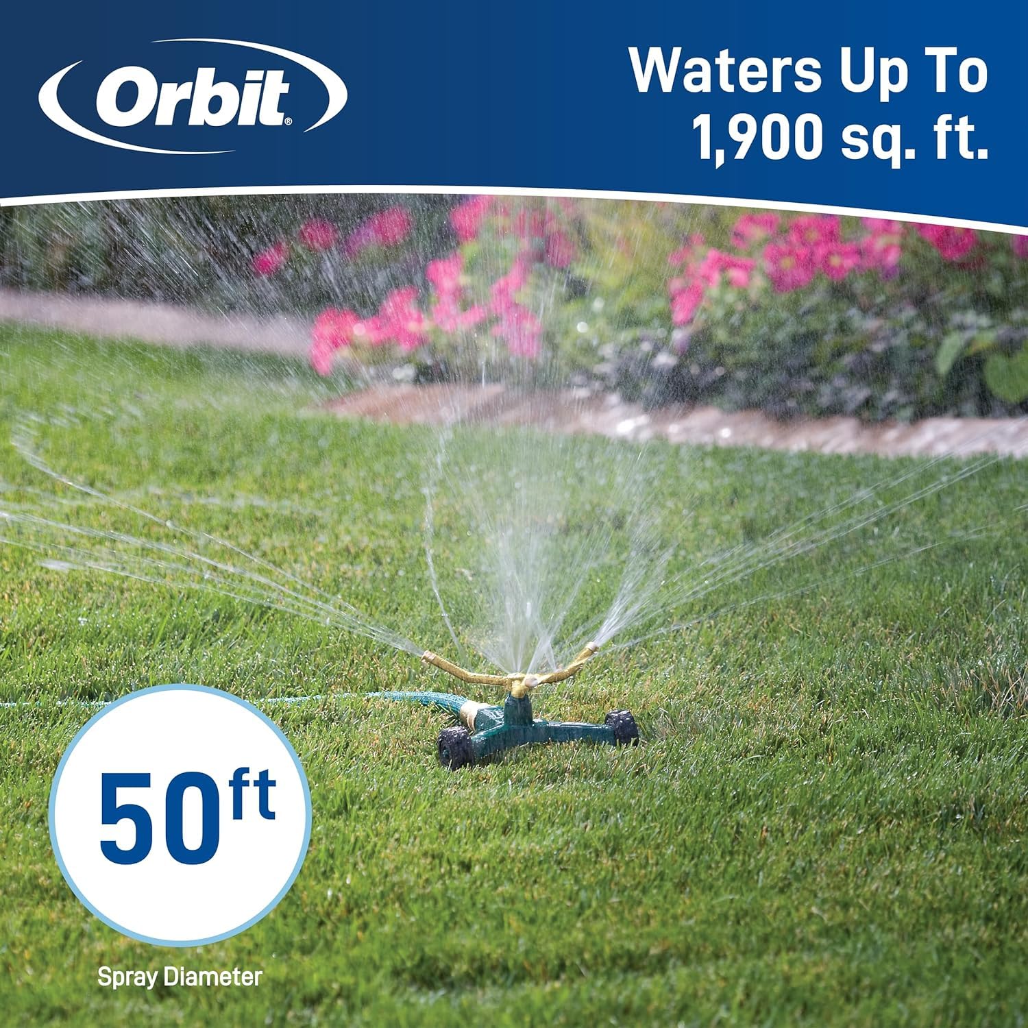 Orbit 58257N - Aspersor de metal de 3 brazos con base de rueda, aspersor duradero de 3 brazos con práctica base de rueda