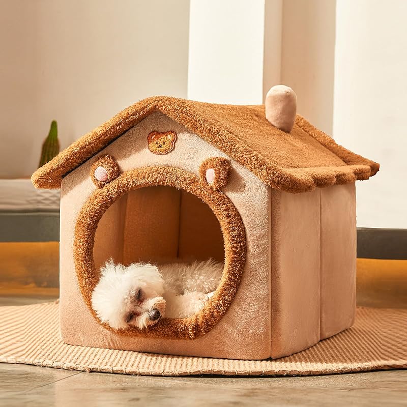 Casinha para Cães Jiupety Dobrável com Almofada e Toca Fechada, Brown Bear, Tamanho L