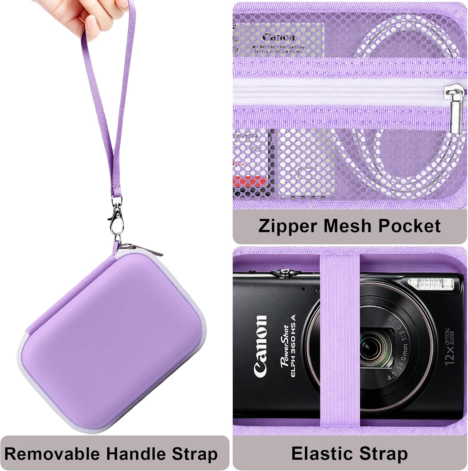 Carrying Protective Case for Canon PowerShot ELPH 360 HS A/IXY 650 / ELPH 360 HS Digital Camera, Camera Storage Holder Compact Travel Bag, Mesh Bag Fits Batteries, Cable, Memory Card, Purple image 5