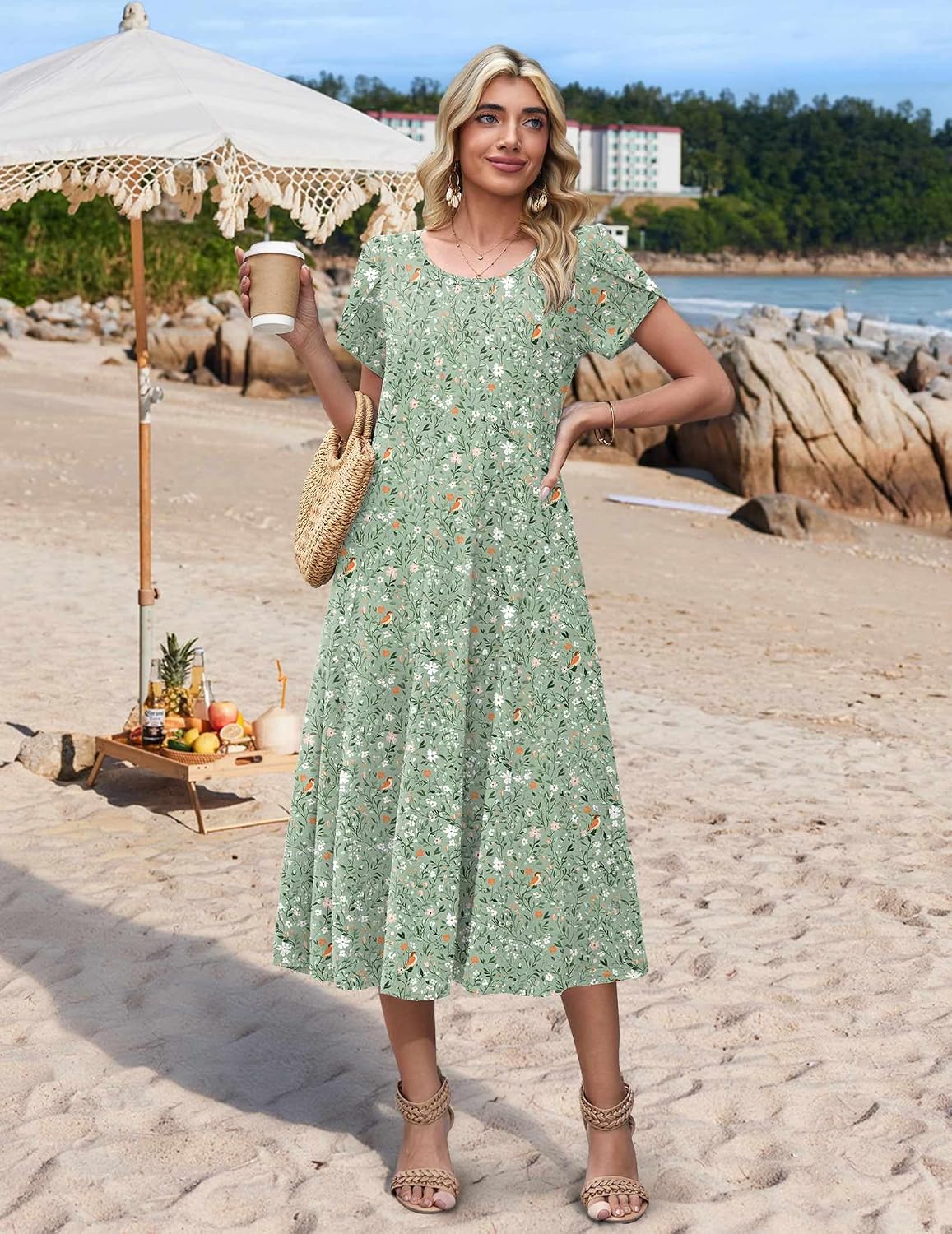 HOTOUCH Summer Dresses for Women 2026 Casual Midi Dress Petal Short Sleeve A Line Dress Pleated Flare Sundress