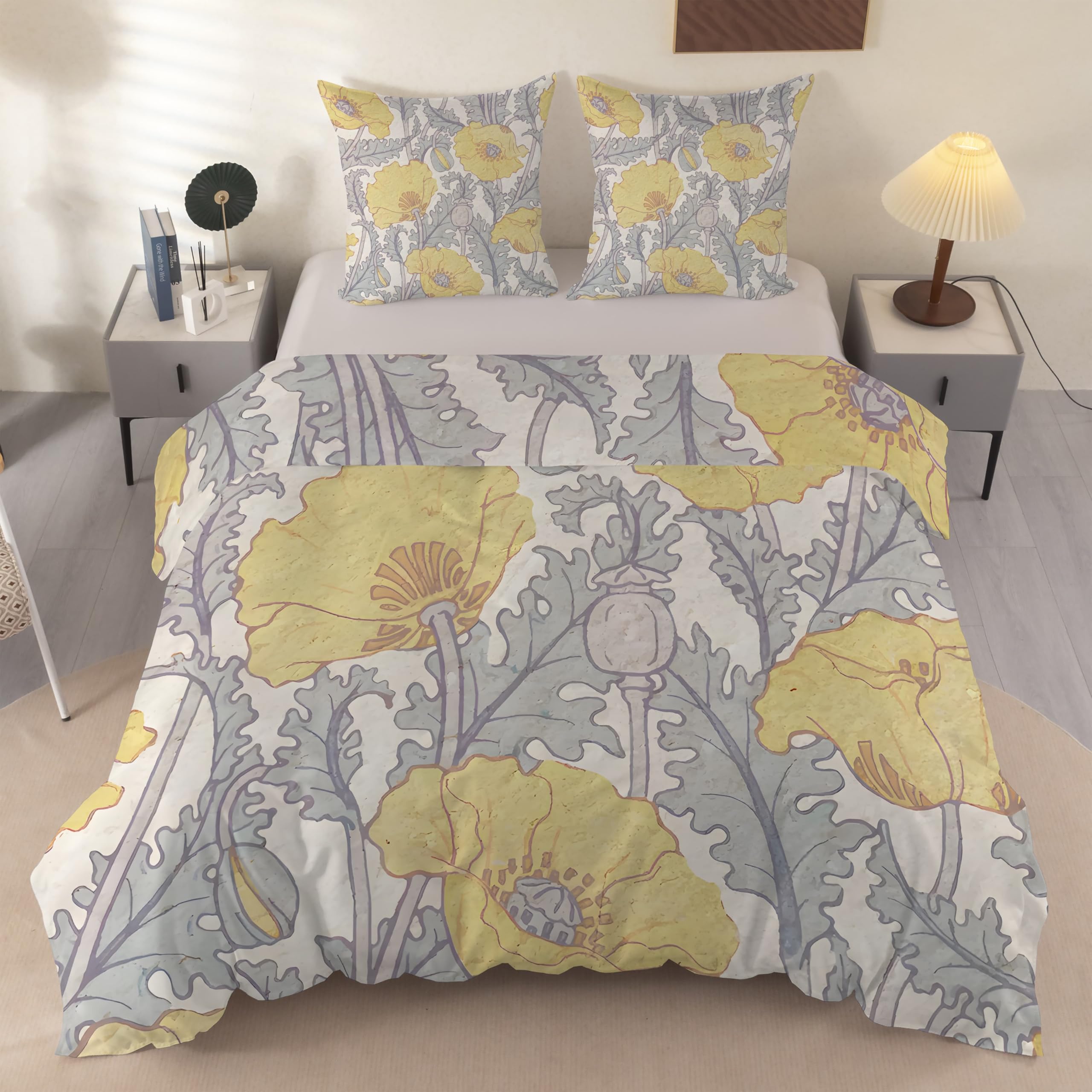 Housse de couette 2 personnes 240x260 fleurs gris jaune en microfibre