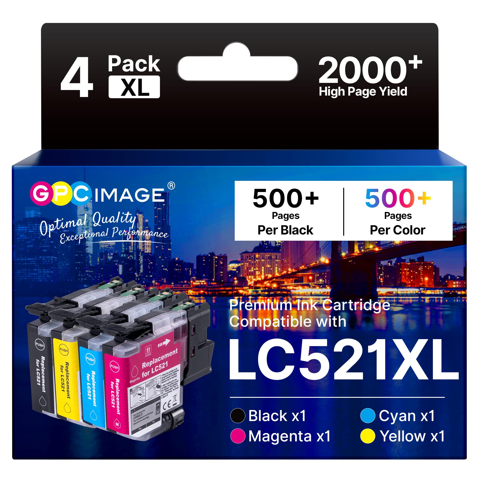 GPC Image LC521 LC521XL Ink Cartridges for Brother LC-521XL LC521VAL 4-Pack