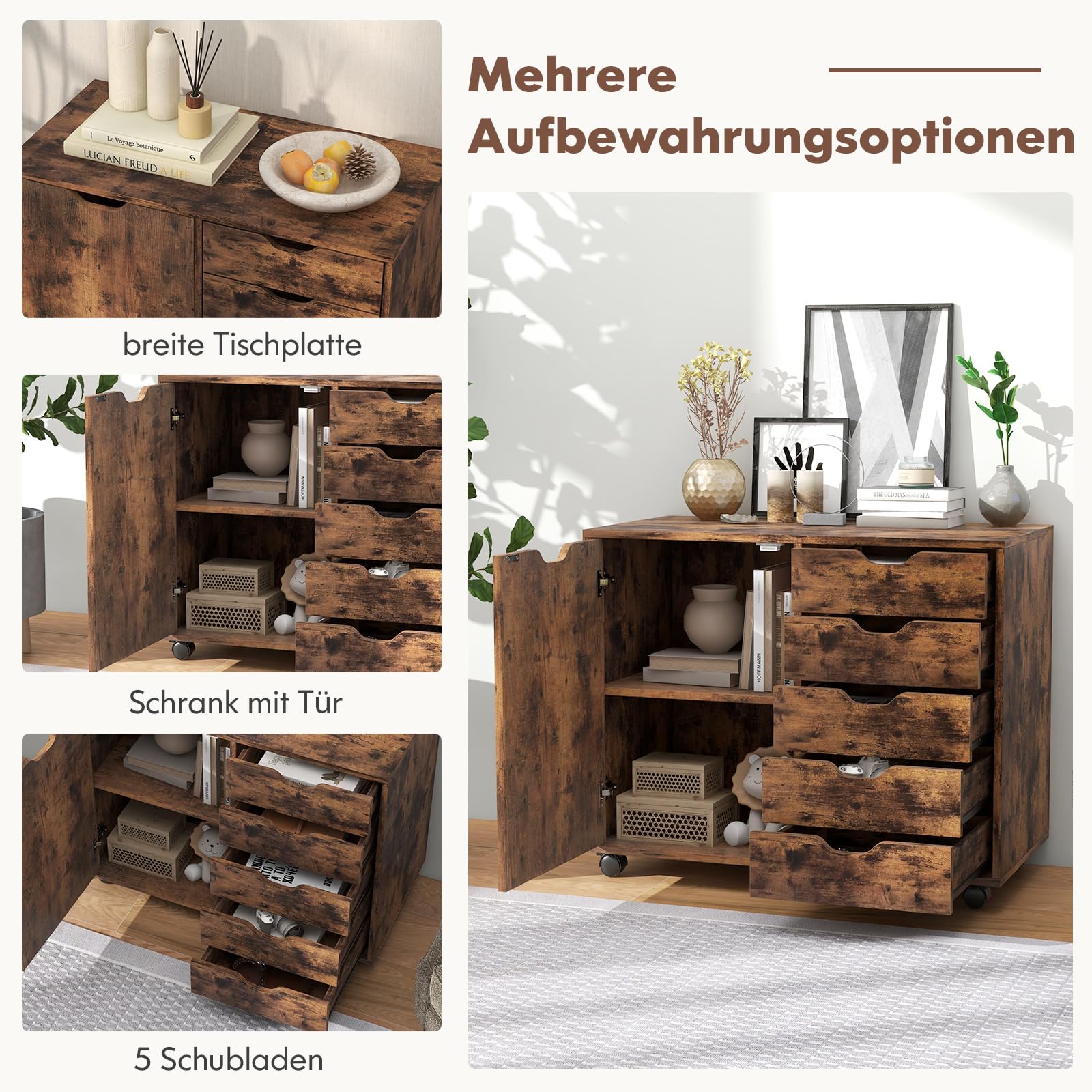 GOPLUS Rollcontainer mit Schubladen, mobiler Aktenschrank mit Schrank, Büroschrank mit 5 Rollen, für Drucker & Bücher, 78 × 39 × 65cm (Rustikales Braun)