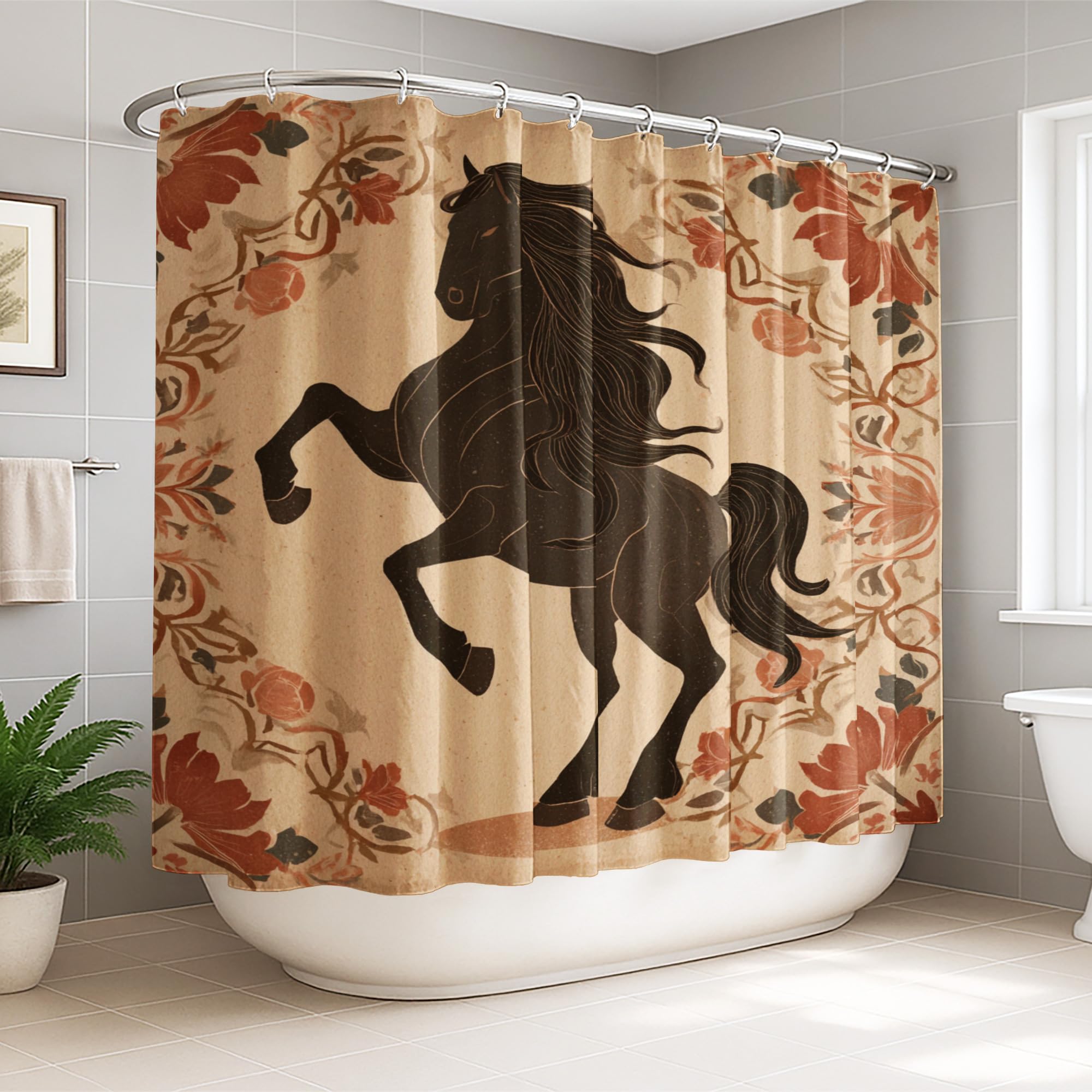 Rideau de douche fleurs tourbillons vintage et cheval sauvage grand format lavable en machine