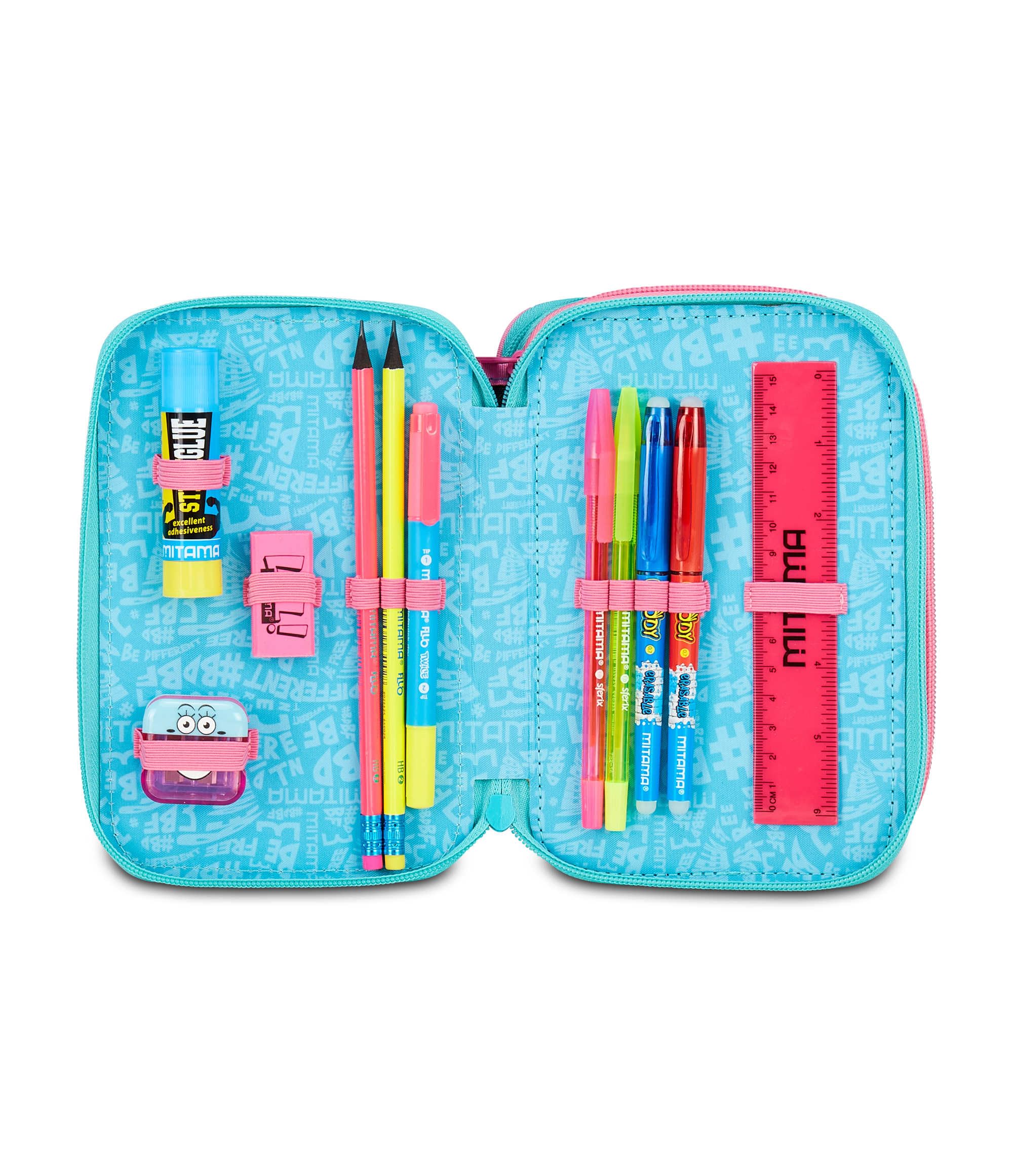 Mitama Astuccio Scuola 3 Scomparti, TRIPLO OCEANVIBES, Contenuto 47 pz, Completo di Matite, Pennarelli, Portapenne Scuola Elementare Bambina