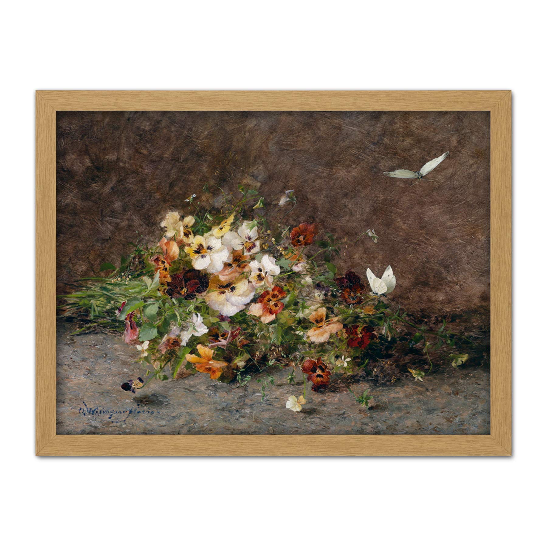 Artery8 Florian Pansies Butterflies Flowers Painting Artwork Framed Wall Art Print 18X24 Inch