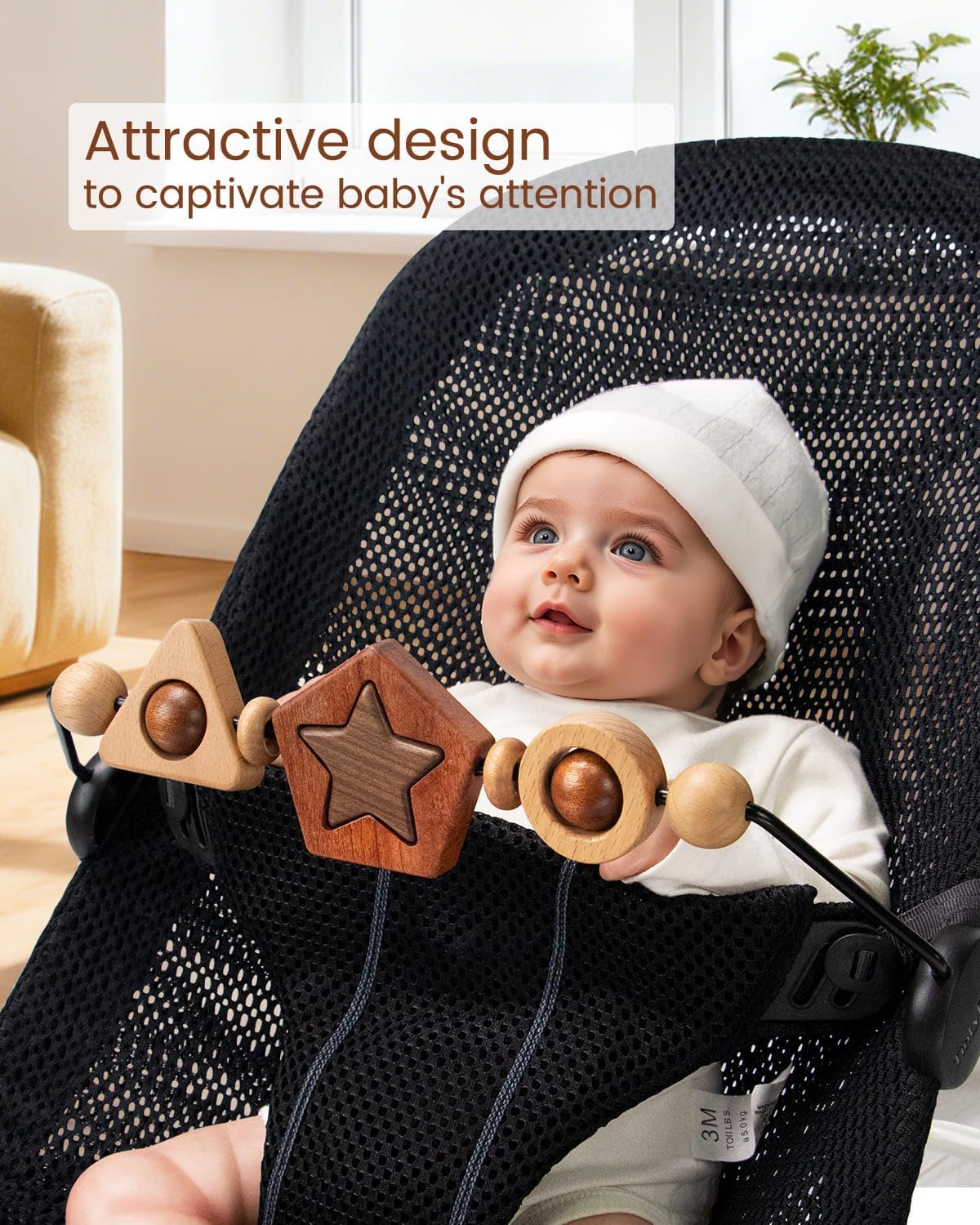TinlyFinly Baby Bouncer Toy Bar Wooden Compatible with Baby Bjorn, Bouncer Toy Attachment Tight and Secure Fit, So Fun to Watch, Touch and Spin for Babies All Ages - Geometric Shapes