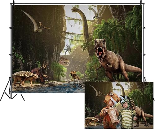 Miniatura 8 de Renaiss Telón de fondo de fiesta temática de dinosaurios de 8 x 6 pies, globos de flores tropicales, palmeras, fondo de fotografía para niños,