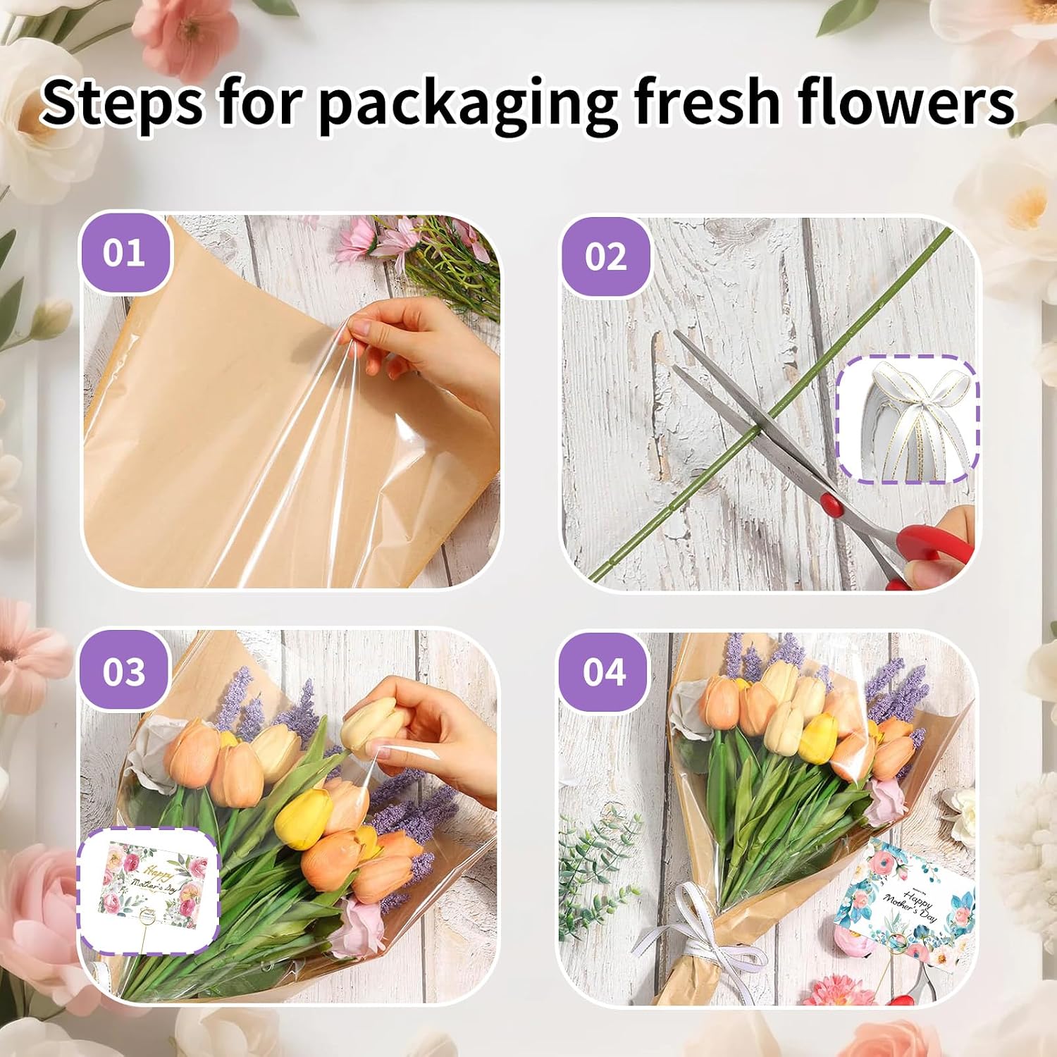 50 Pack Flower Bags for Bouquets,Flower Wrapping Bags Kraft Paper Flower Sleeves for Bouquets Flower Bags,with 50Pcs Floral Card Holder Picks and Ribbons,for Mother's Day,Florist Supplies,22x14 Inches