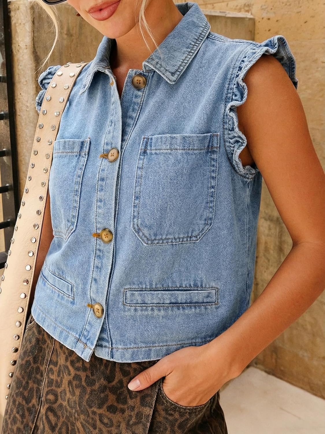 Casual Denim Vest for Women Sleeveless Ruffle Cuffed Cropped Jean Vests Tops Trendy 2026