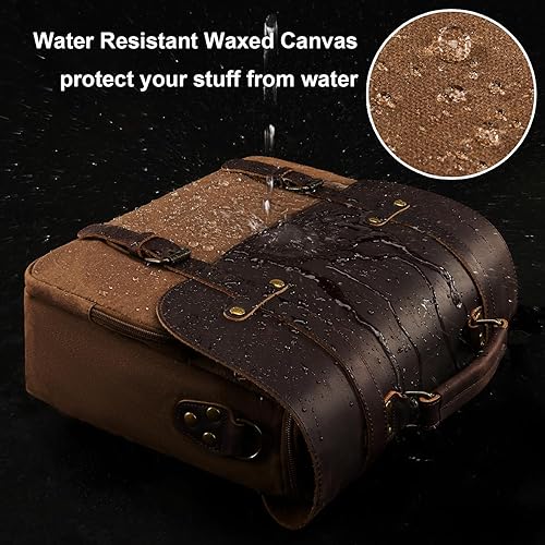 Miniatura 2 de Bolsa de mensajero para hombre, de lona encerada, maletín para laptop de 15.6 pulgadas, estilo vintage, de cuero, impermeable, para la escuela