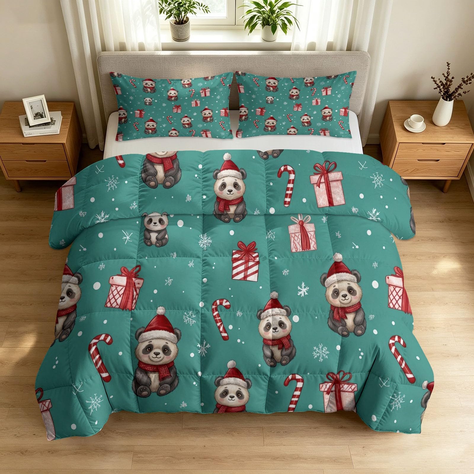 Couette 220 x 240 4 saisons panda vert avec 2 taies d'oreiller 65x65