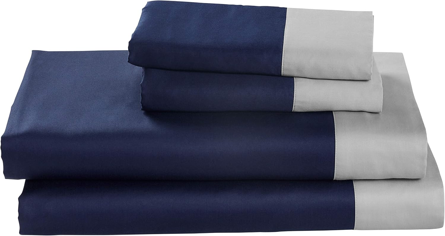 Amazon Brand – Rivet Color Block 100% Supima Cotton Bed Sheet Set, Queen, Navy / Cloud Blue