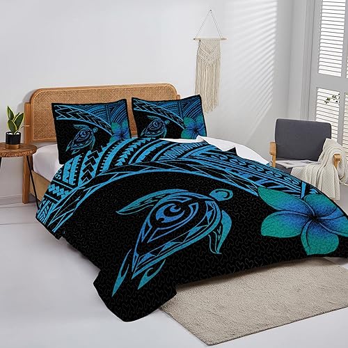 Miniatura 4 de Colcha polinesia Hibicus de tortuga negra y azul, juego de cama de tortuga, ropa de cama decorativa para decoración del hogar, ropa de cama de