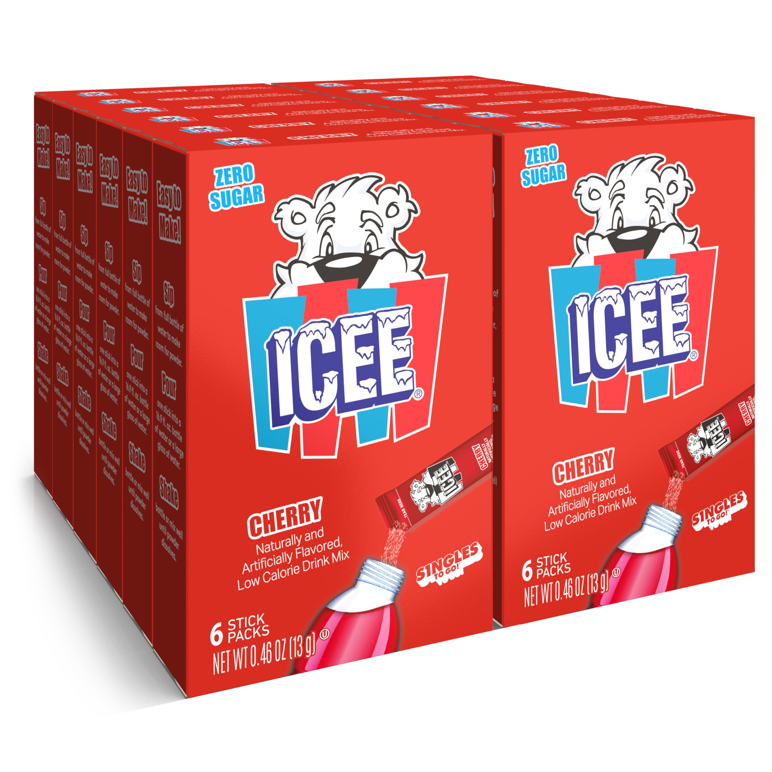 ICEE Singles To Go Water Drink Mix - Powder Sticks, 12 Boxes with 6 Packets Each - 72 Total Servings, Cherry, Pack of 12