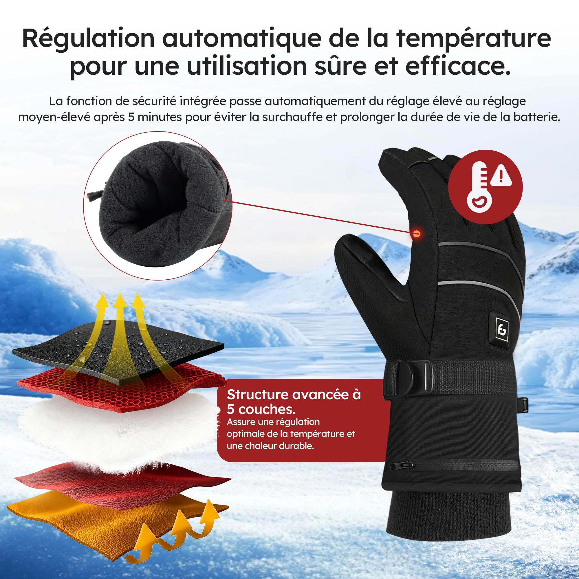 saaf Gants Chauffants - Pro - 3 Modes - Gant Électrique - Hydrofuge Et Vent - Gants Chauffants Rechargeables - Noir