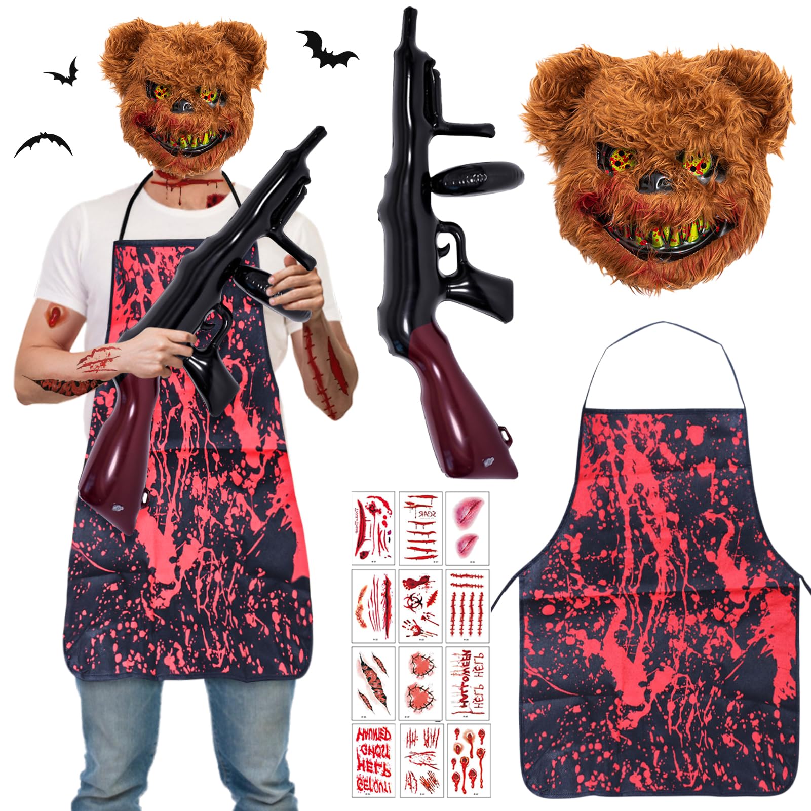 JWDMHSJ Halloween Oso del Terror Disfraces, 5 PCS Máscara de Oso Asesino Realista y Sangriento Traje, Disfraz de Oso de Terror de Halloween para Hombre, Adult & Teen One Size Fits All