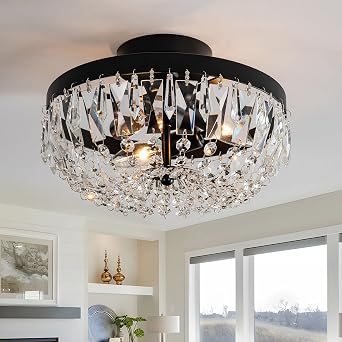 KSRYSZCQ Black Crystal Ceiling Light,10Modern Ceiling Light Fixture Lamp 3 Light with E12 Base,Sturdy Craft & Aesthetic Design,Ideal for Dining Room,Kitchen,Bedroom
