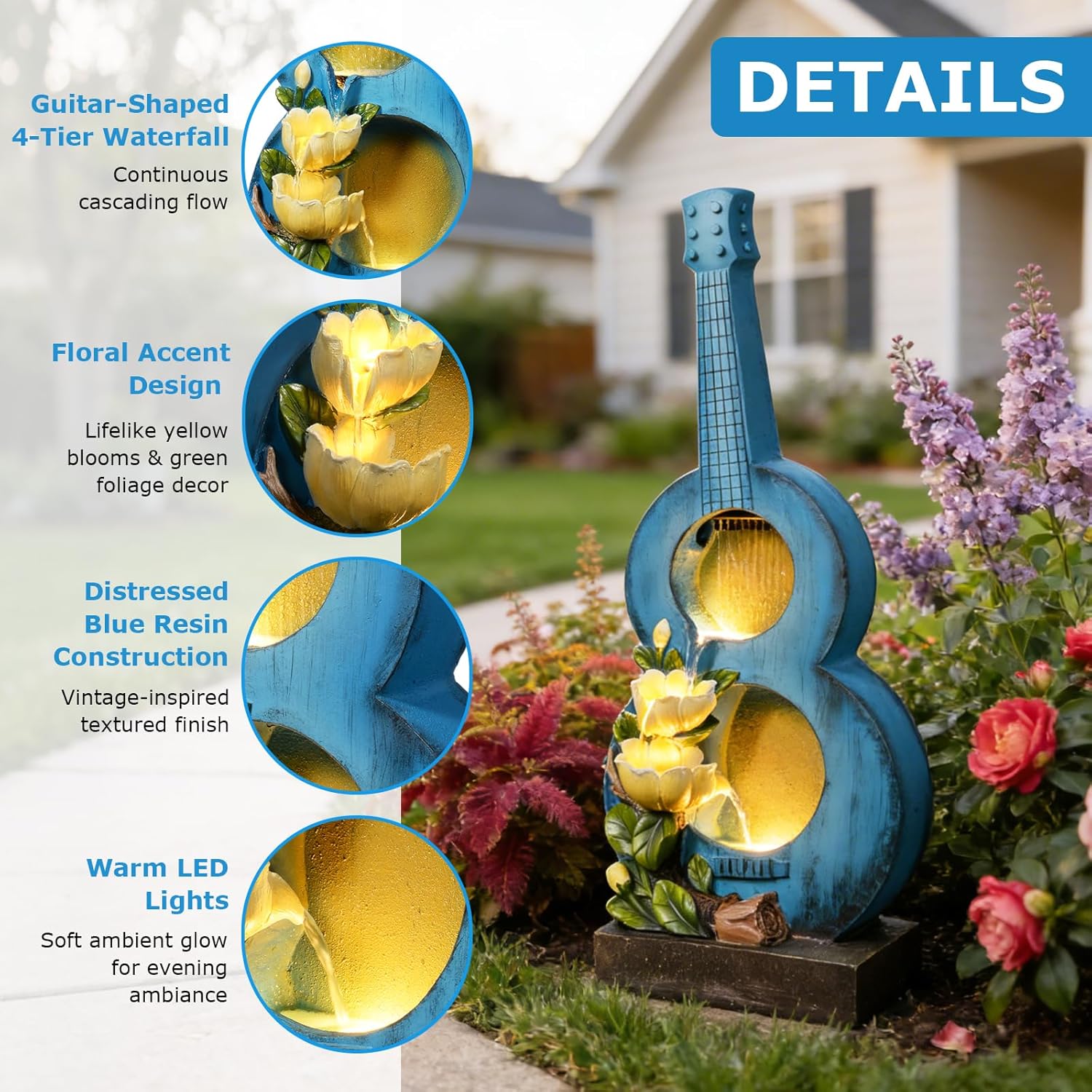 38.2" H Guitar-Shaped Outdoor Water Fountain with LED Lights, 4-Tier Cascading Waterfall Water Feature with Rustic Floral Accents for Outside, Patio, Balcony, Garden, Yard and Home Art Decor