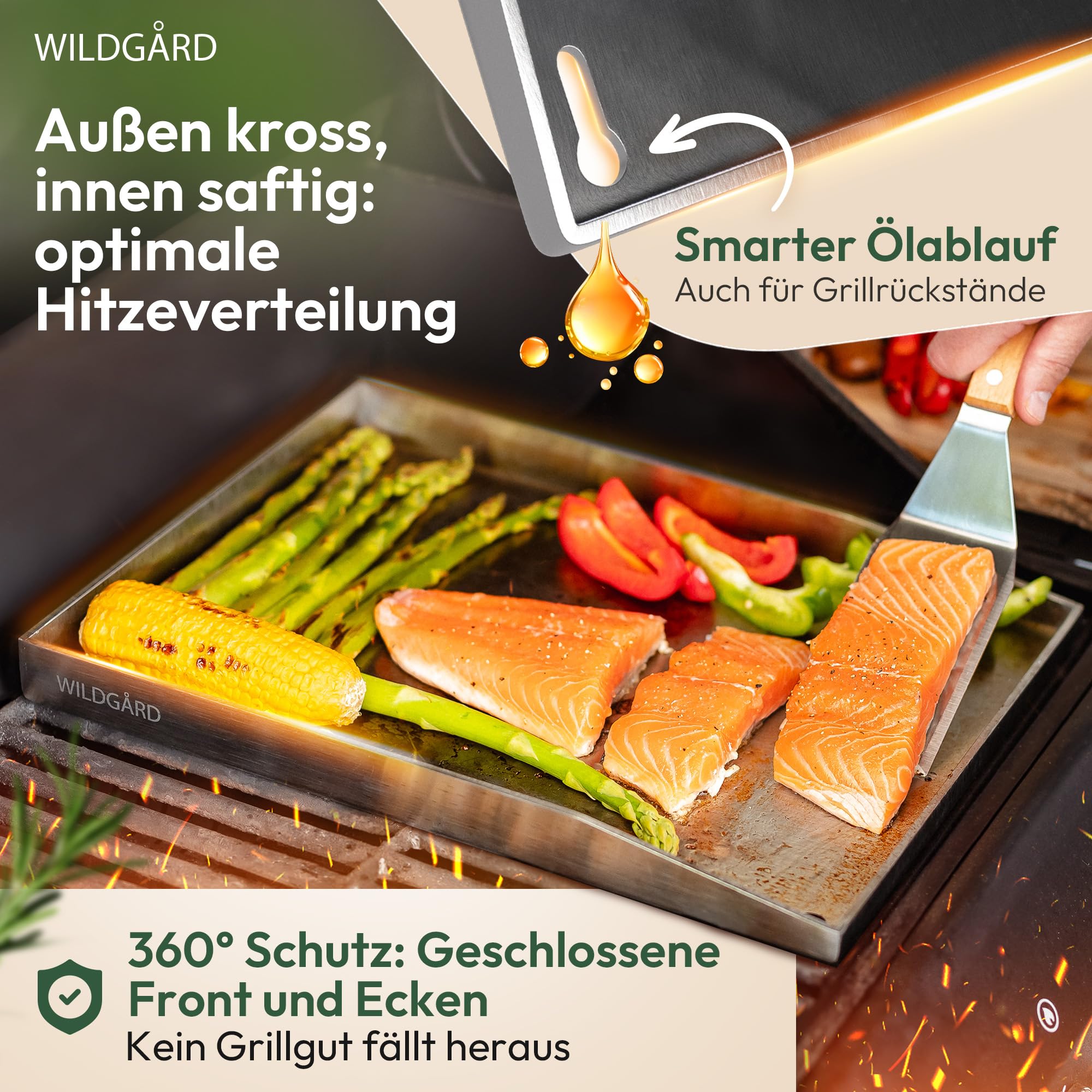 Plancha Plaque de cuisson - Plancha en acier inoxydable épais - 40 x 30 cm - Convient pour barbecue à gaz et barbecue à charbon +PLUS: 2x spatule de barbecue & 5x brochettes