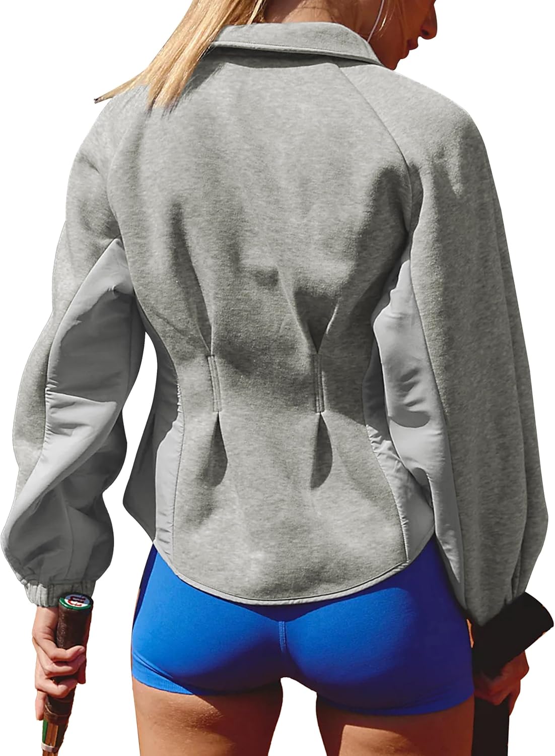 Women's Zip Up Sweatshirt with Balloon Sleeves Casual Athletic Jacket for Workouts Cropped Tops with High Low Hem - Image 4