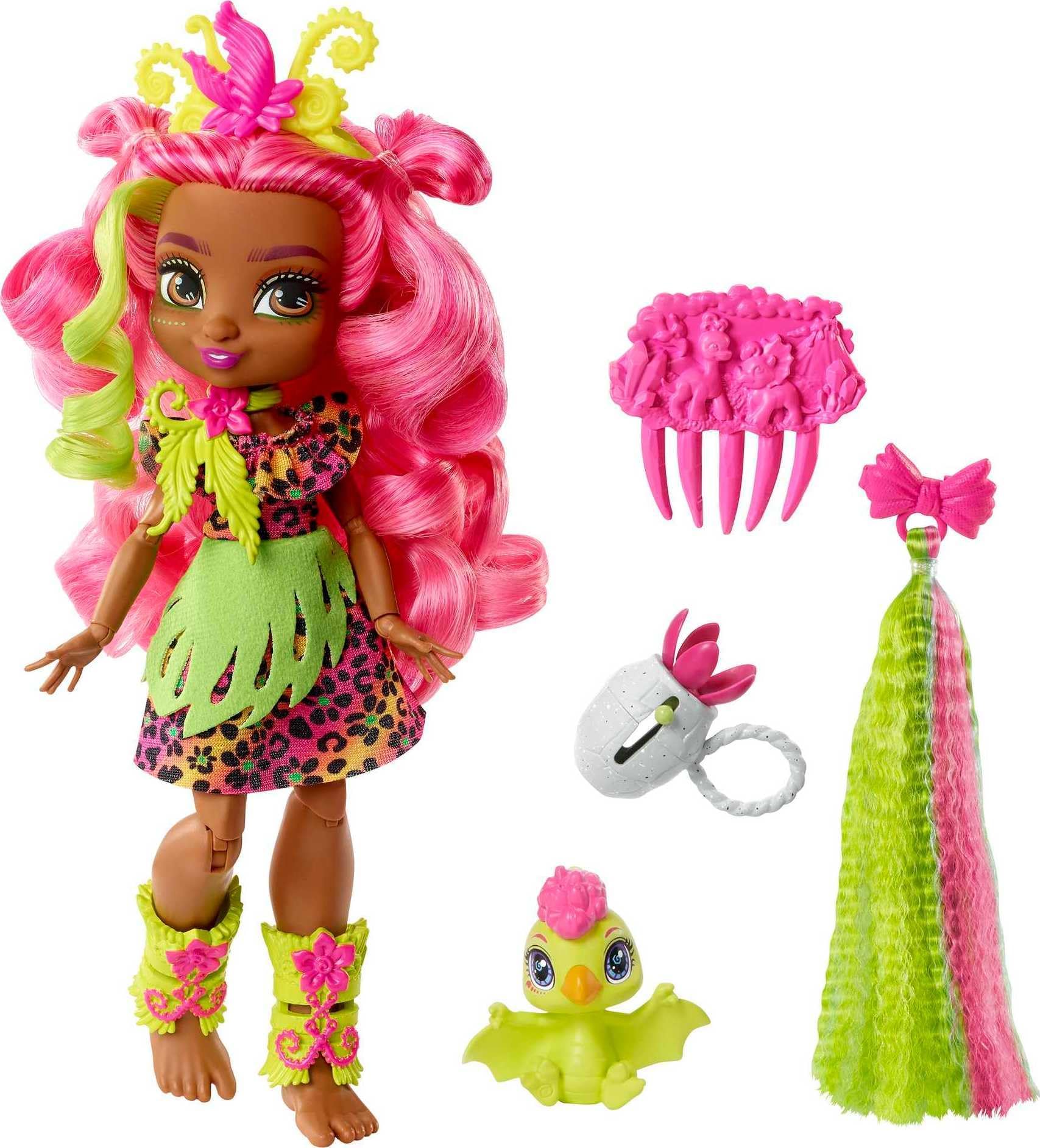 Cave Club Fernessa Doll (8-10-inch, Pink Hair) Poseable Prehistoric Fashion Doll with Dinosaur Pet and Accessories, Gift for 4 Year Olds and Up