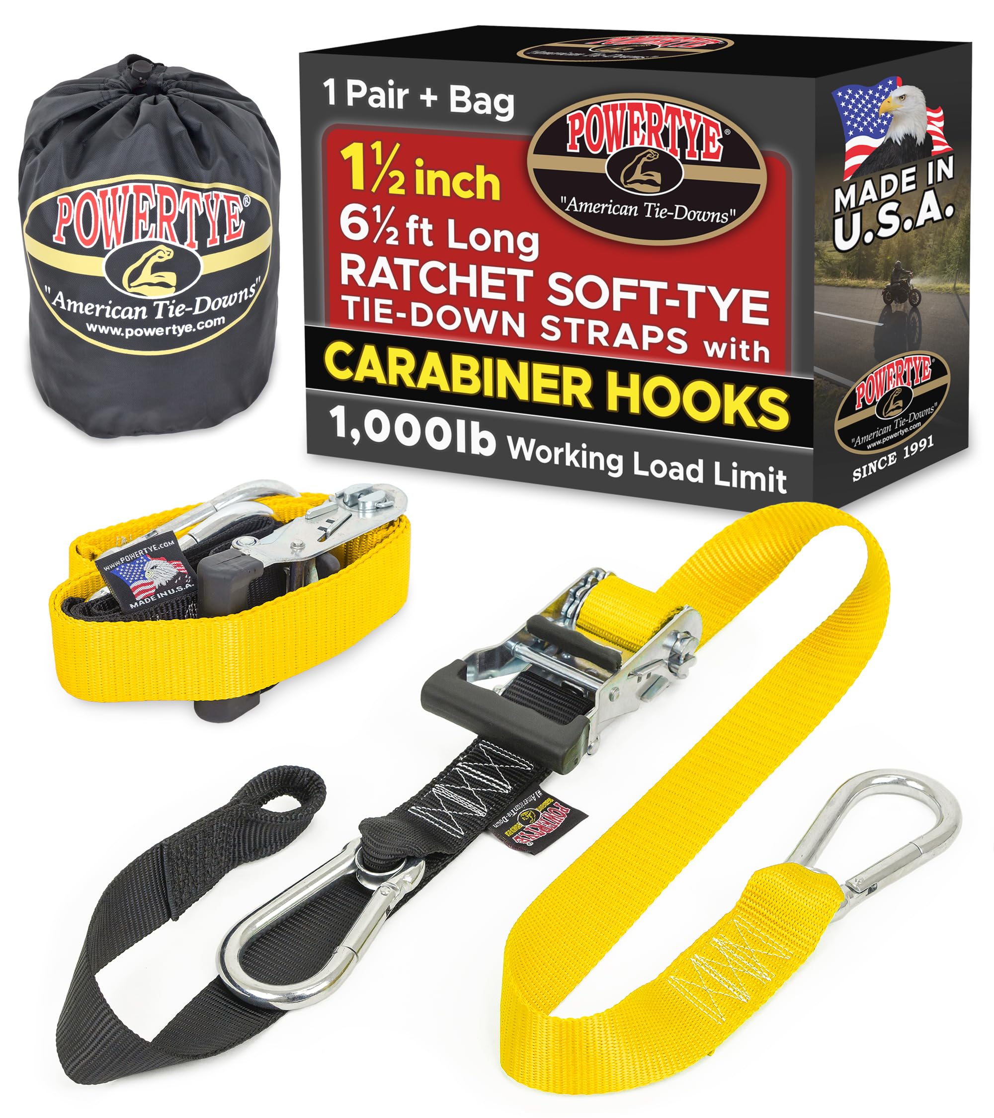 PowerTye 1.5 inch x 6.5ft Ratchet Straps w/Carabiners, Yellow/Blk Pair+Bag