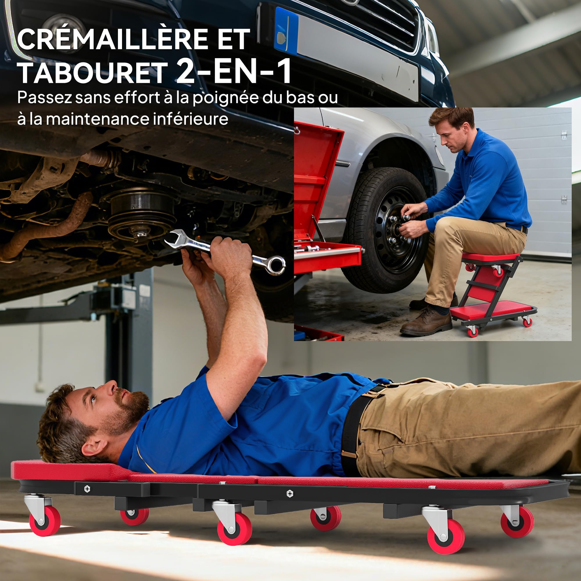 HOMCOM Planche à roulettes de Montage 2 en 1 Pliable en Z 150 kg 6 Roues | Chariot de Visite Mécanicien, Rotation à 360°, Tabouret d'Atelier, Assise Couchée, Rogue, Plateau Mecanicien Roulant