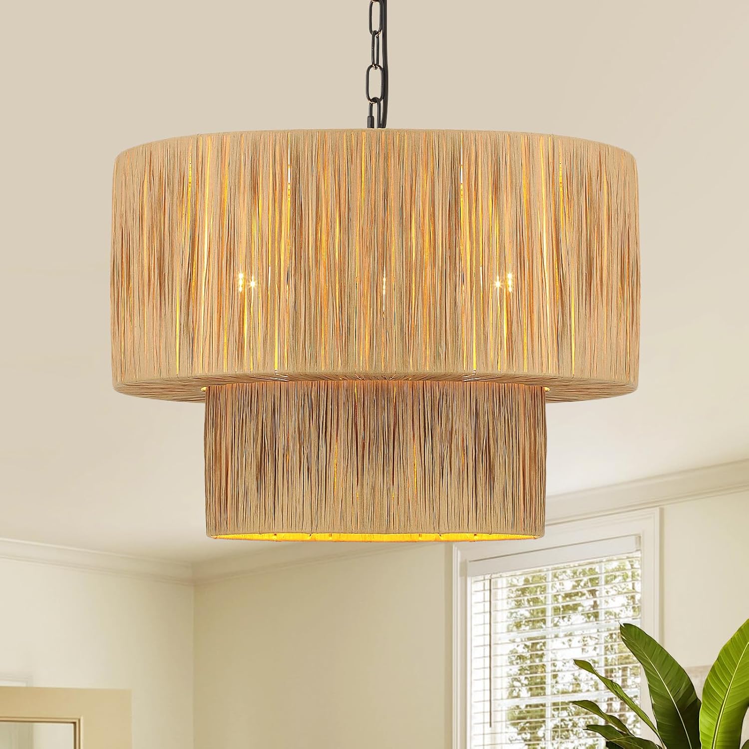 6-Light Boho Rattan Chandelier Light Fixture, 18.9" Large Raffia Drum Chandelier Hand Woven Coastal Pendant Light for Dining Room Kitchen Entryway Foyer Bedroom Brown Round Drum, 2-Layer