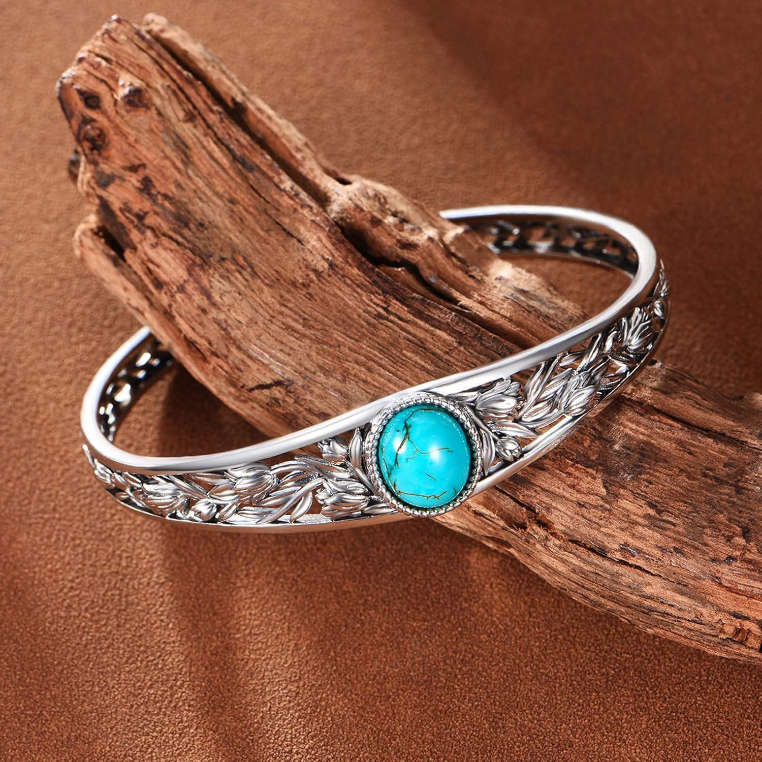 Genuine Turquoise Cuff Bracelet for Women, Sterling Silver Western Vintage Floral Bangle Native American Jewelry, For 6.5-7.5 Inch Wrists - Image 5