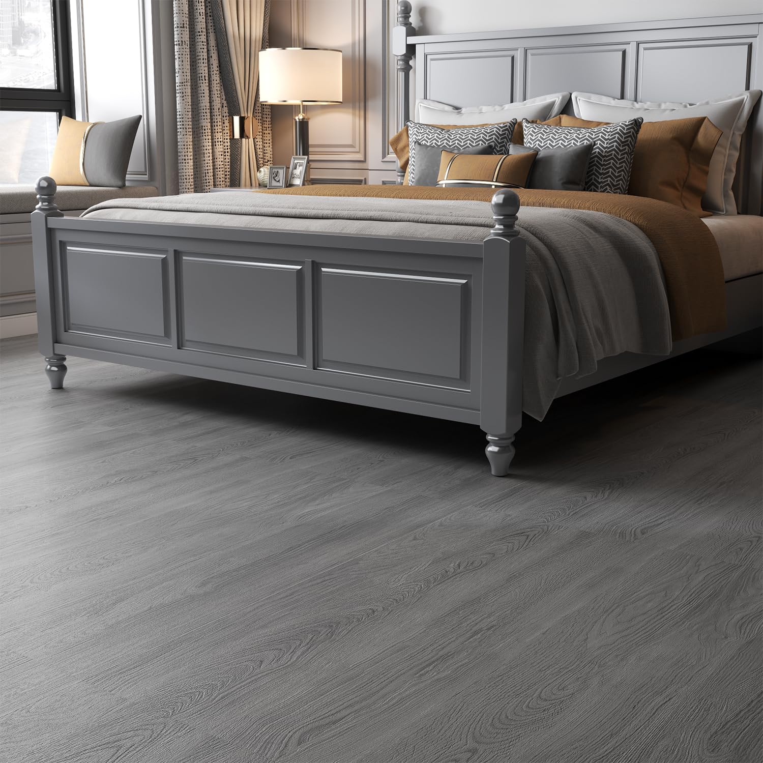 Peel and Stick Floor Tile 11.8” x 590” Vinyl Flooring Roll Cover 48.4 Sq.Ft. Waterproof Scratch-Resistant DIY Self-Adhesive PVC Wood Flooring for Renter, Kitchen, Bathroom, RV, Grey