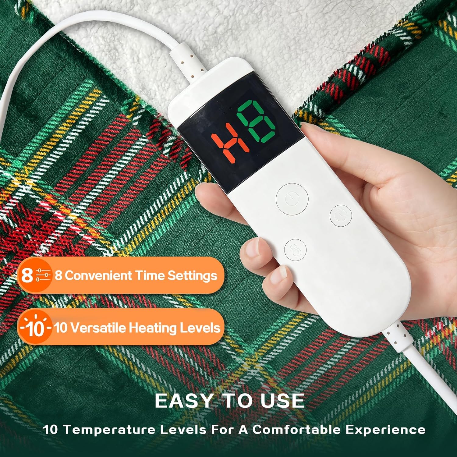 Electric Blanket Heated Throw, Soft Flannel 50"x60" Plaid Heating Blanket with 8 Hours Auto Off 10 Fast Heating Levels Machine Washable Sherpa Heated Blanket with Overheating Protection - Image 3