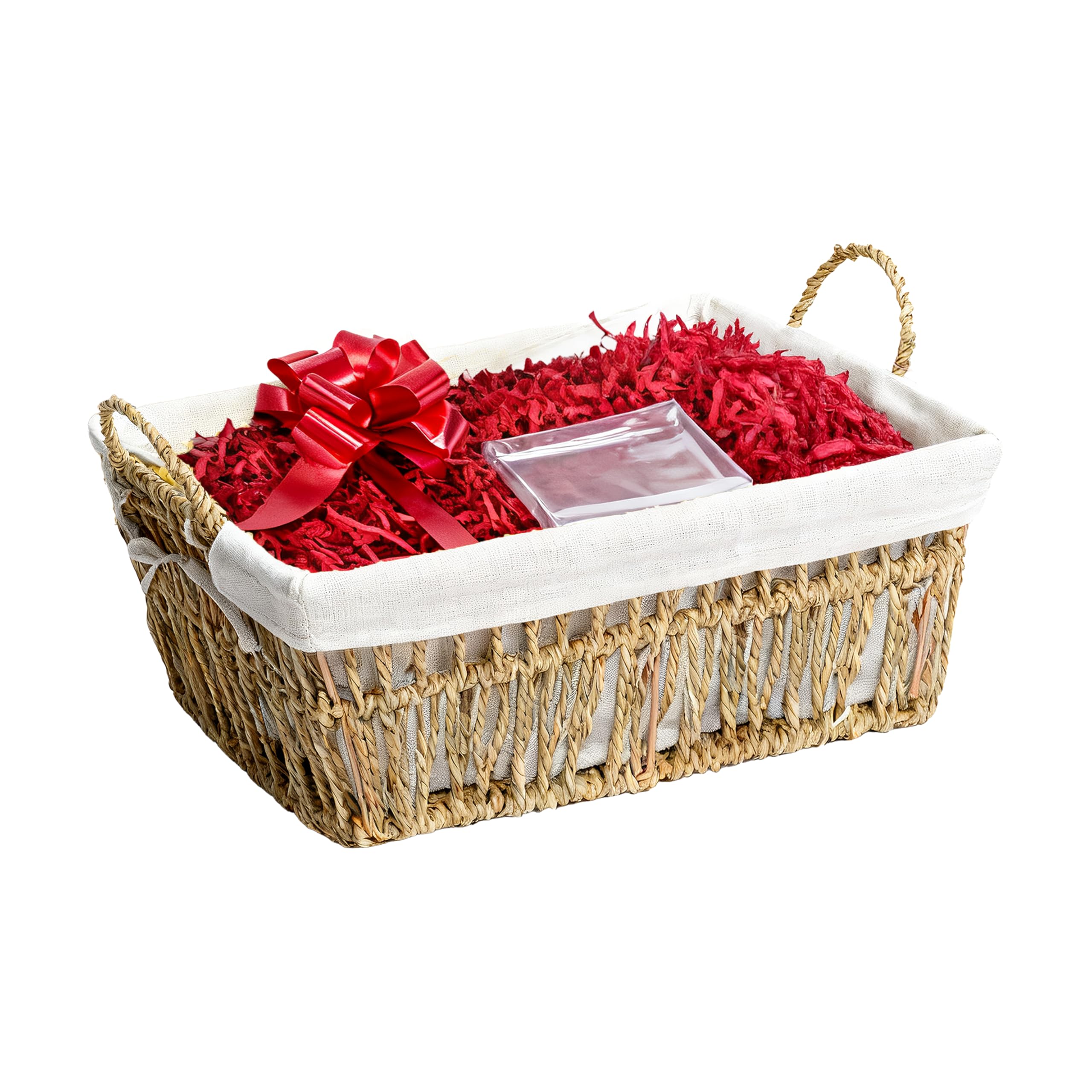 Wickerfield Seagrass Basket, Red Filling Gift Hamper Basket Kit With Shredded Paper, Make Your Own Gift Hamper, Woven Wicker Basket With Lining, Paper Rope And Seagrass Baskets With Handle (Seagrass Basket, Red Filling)