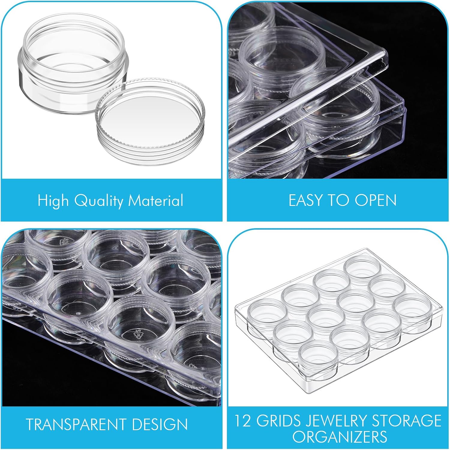 Blulu 12 Pcs Clear Bead Storage Containers Set, 1.5 x 1.5 x 0.79 Inches