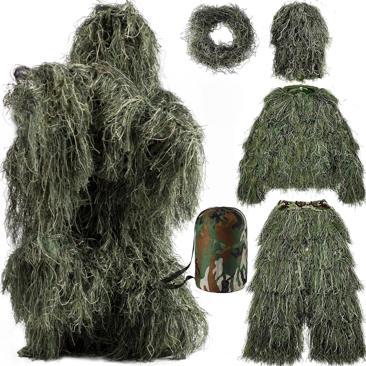 Beler Ghillie Suit, 5-teilige 3D Camouflage Anzug Tarnanzug, Wald und Jagd Verdeckt Kostüm Camouflage Set