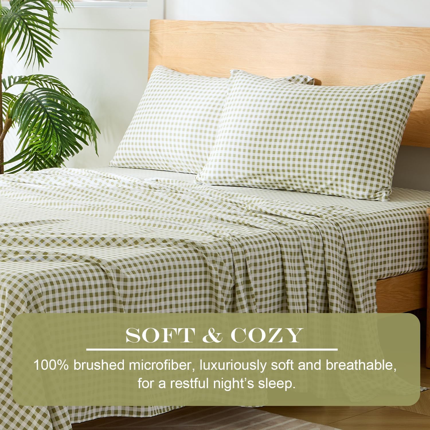 Sage Green Gingham King Sheet Set, 4-Piece Soft Brushed Microfiber Bed Sheets - 16" Deep Pocket Fitted Sheet, Wrinkle & Fade Resistant, Hotel Luxury Bedding