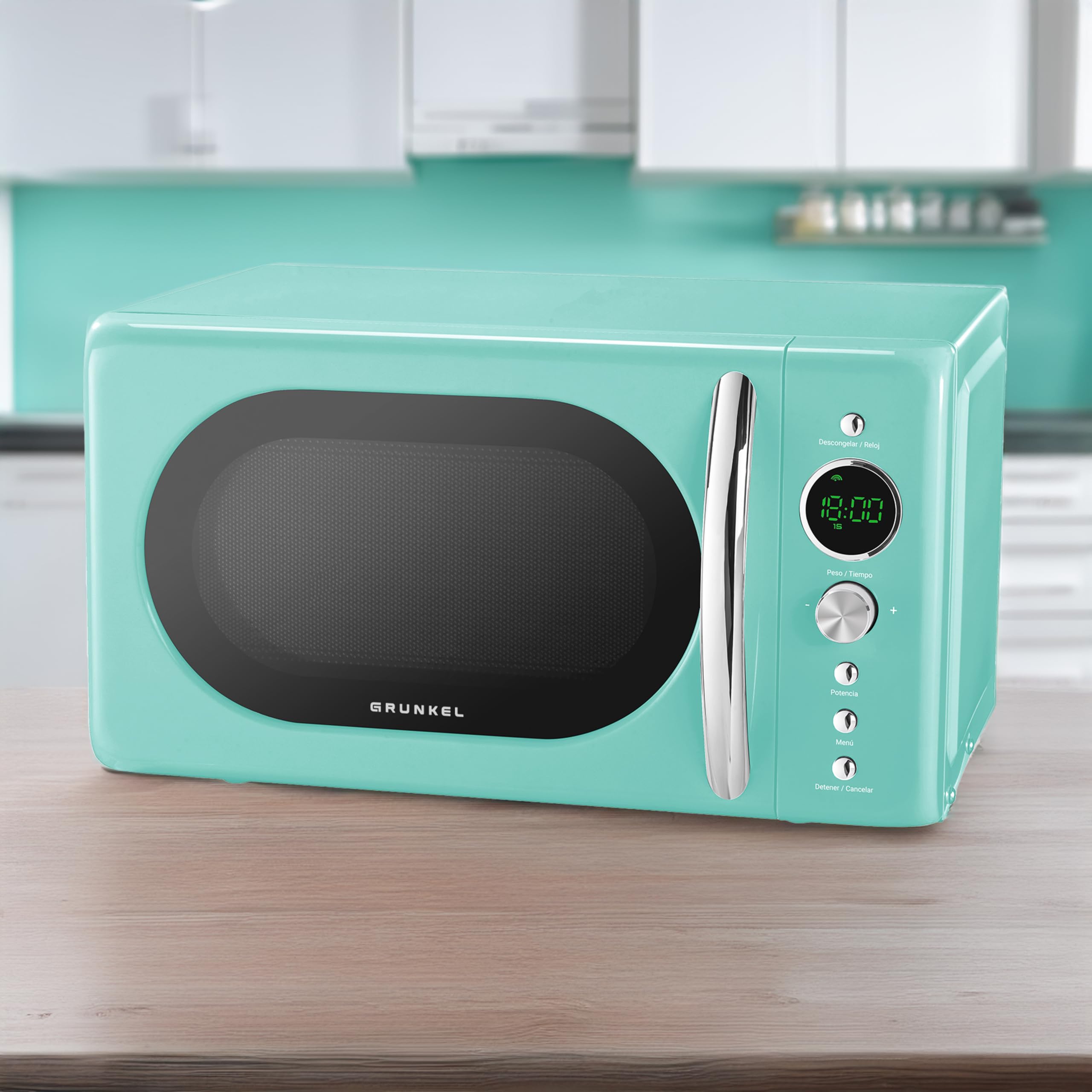 Grunkel Microondas Digital de 20L de Capacidad con diseño Vintage y 6 Niveles de Potencia, Función cocción rápida y Temporizador hasta 60 min, 700W (Digital Azul Agua)