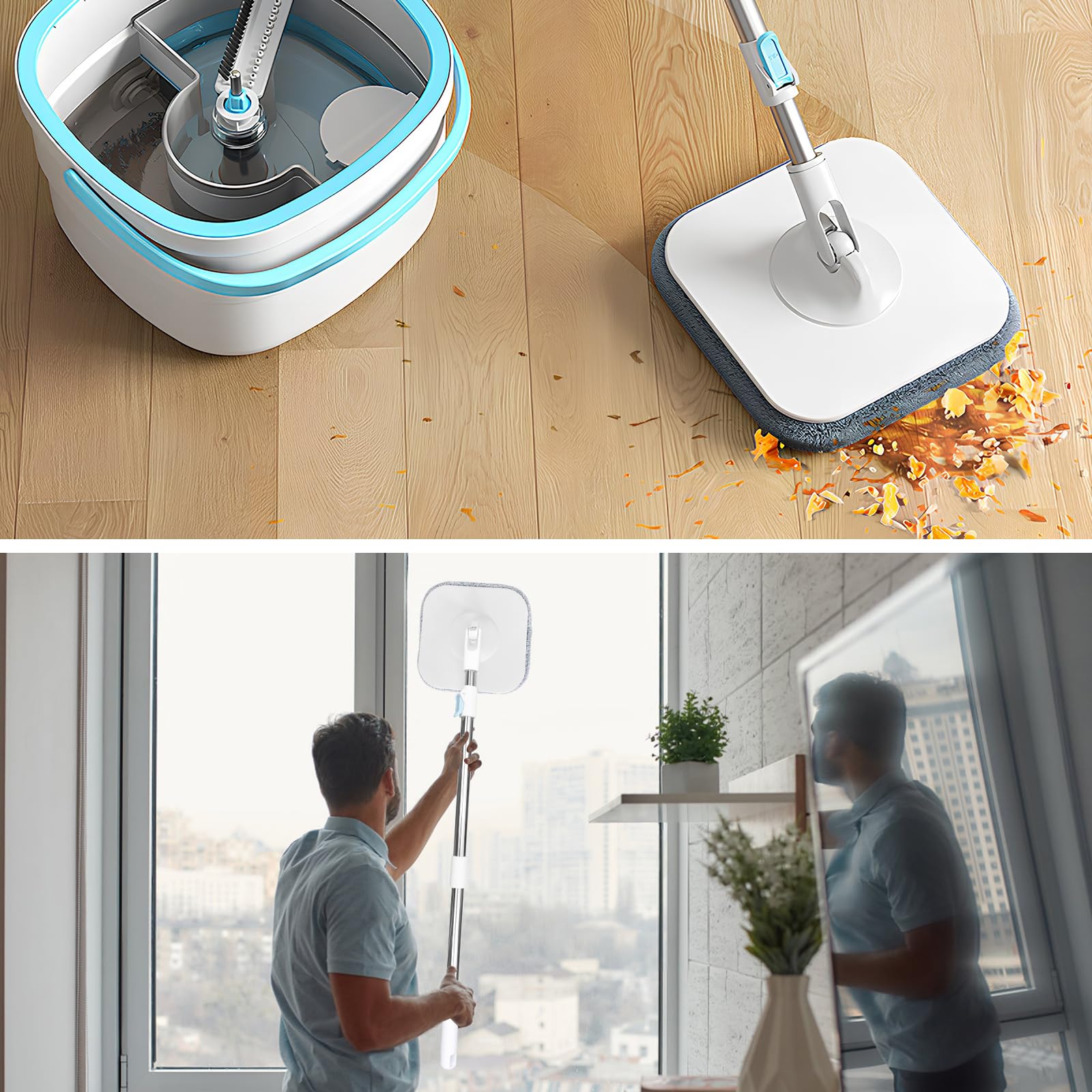 Set Mocio Lavapavimenti con Secchio Lavapavimenti a 2 Camere, Mocio Piatto con Separazione Acqua Sporca/Pulita, Mocio Rotante a 360° per Tutti i Pavimenti, Include Panno in Microfibra