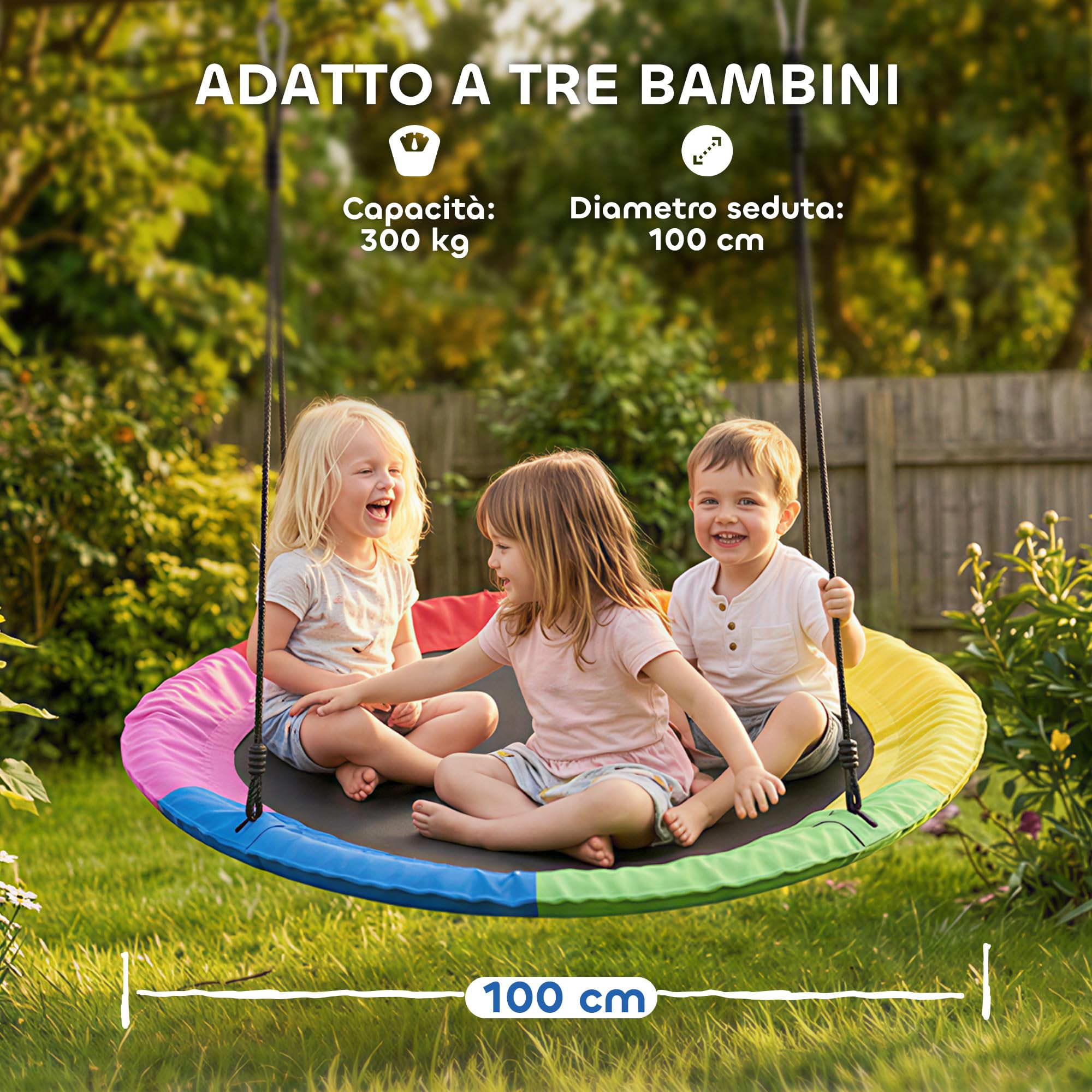 AIYAPLAY Altalena da Albero, Altalena a Nido per Bambini da Ø100 cm con Corde Regolabili e Cinghie, Gioco da Esterno per Bambini 3-8 Anni, Capacità 300 kg, Multicolore - 4