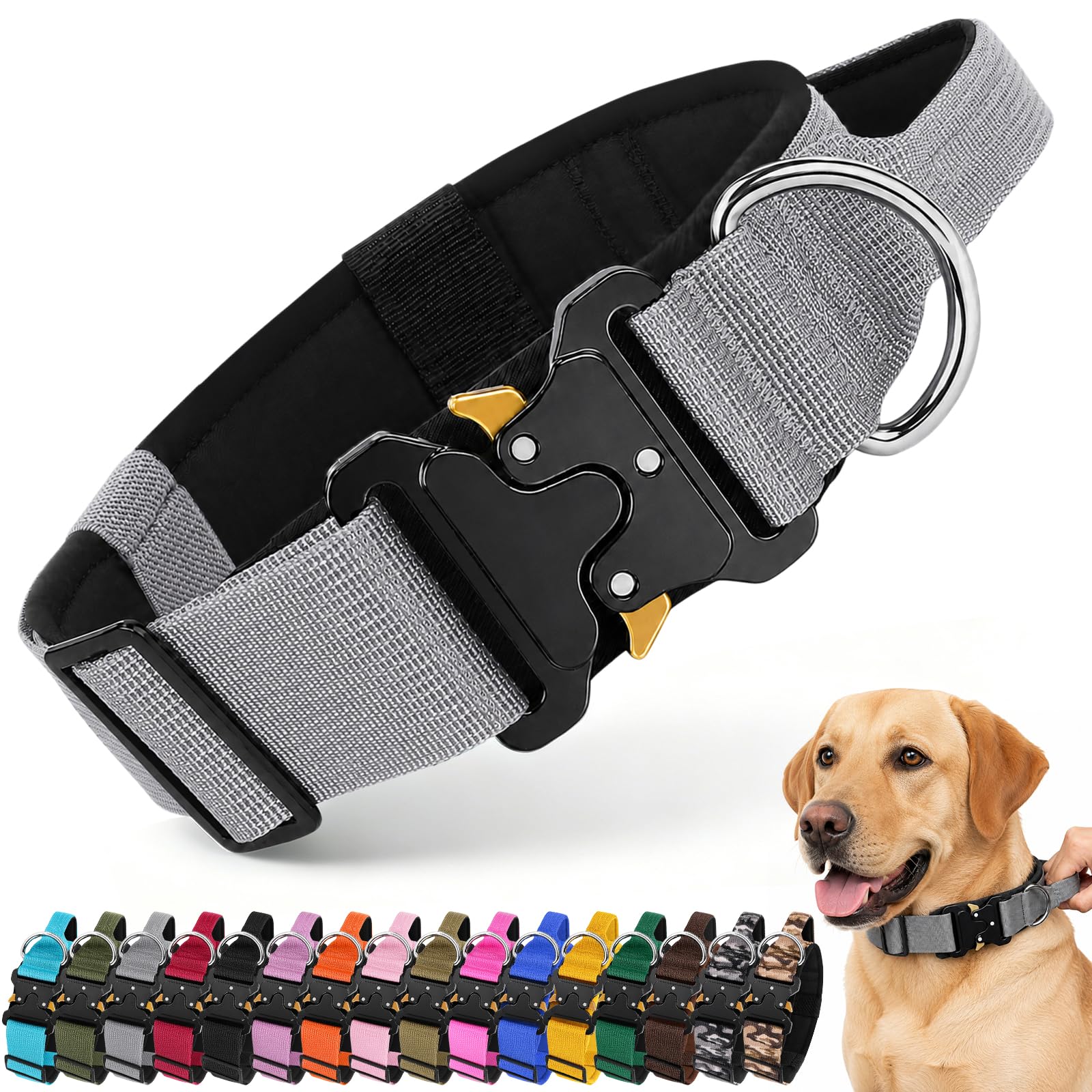 Collare Cane Tattico con Manico, Militare Regolabile (Grigio, L) | Fibbia in Premium D-Ring, Imbottito in Nylon, Resistente e Spesso, per Cani di Taglia Media Grande Caccia Allenamento Caccia