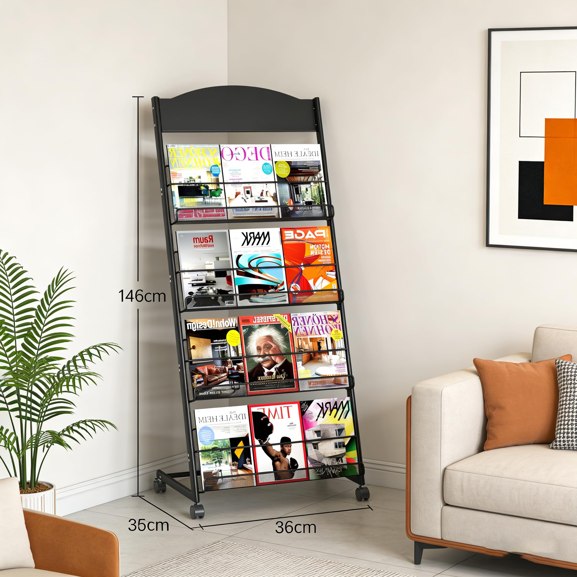 bimiti Prospektständer a4 mit Universalrädern, Zeitschriftenständer 4 Schichten,Schrägsteller Rollbarer Zeitschriftenhalter für Büro, Messen, Messen