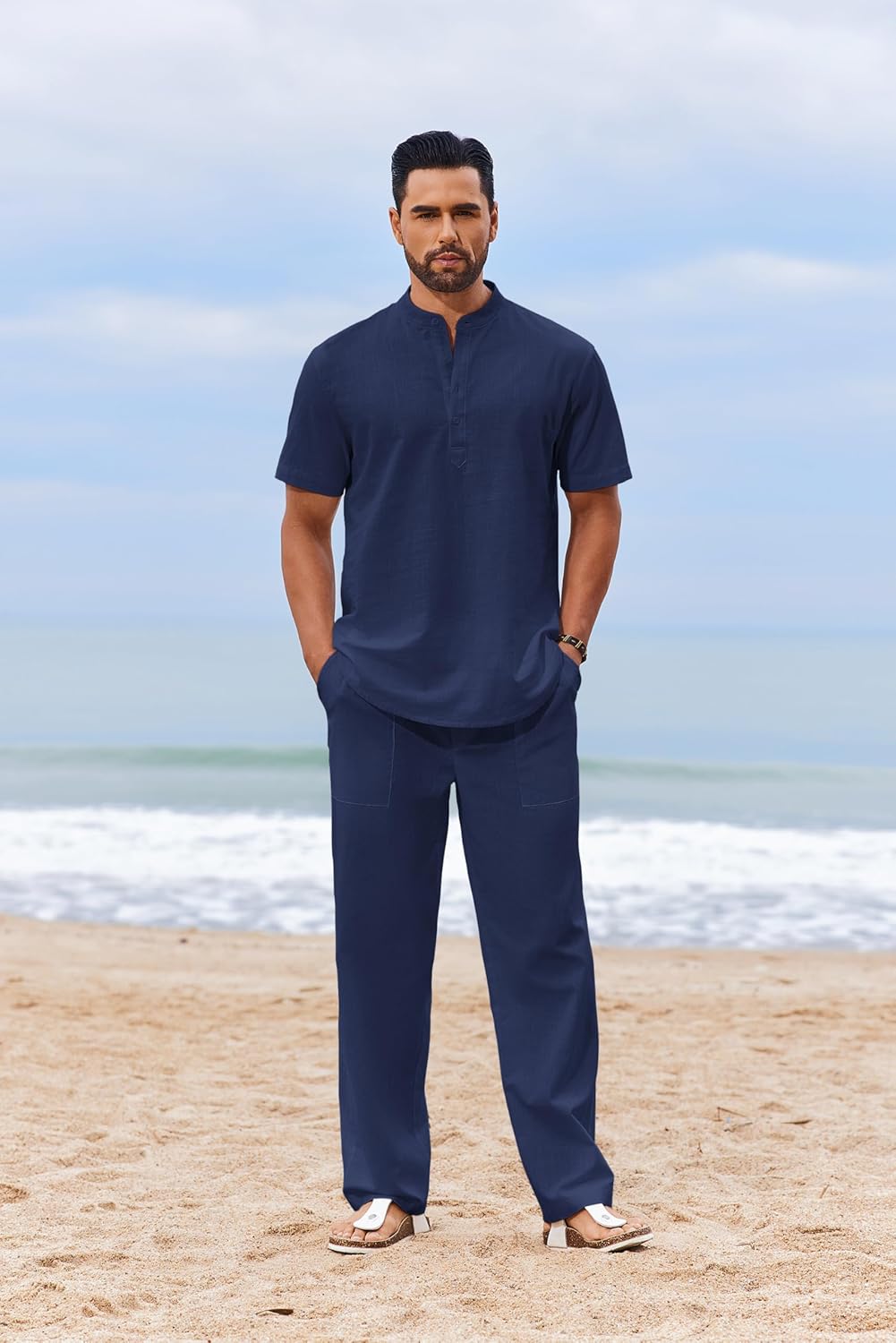COOFANDY Men's 2 Piece Cotton Sets Casual Short Sleeve Henley Shirts and Beach Pants with Pockets Summer Vacation Outfits - Image 2