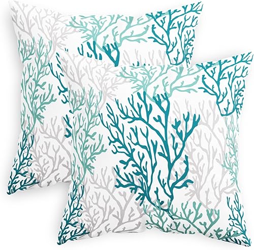 Miniatura 8 de CaliTime Juego de 2 fundas de almohada decorativas de forro polar en tres tonos de árbol de coral marino para sofá, cama, decoración rural, 20 x 20