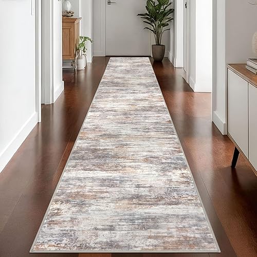 Miniatura 212 de KOZYFLY Alfombra moderna abstracta lavable de 2.6 x 10 pies, antideslizante, suave, alfombra de camino de cocina, alfombra a rayas azules óxido para