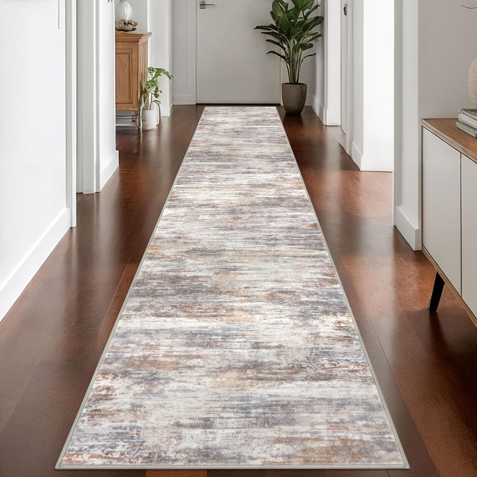 KOZYFLY Modern Abstract Washable Rug Runner 2.6x14 Hallway Rug Runner Non-Slip Soft Kitchen Runner Rugs, Multi Grey Striped Carpet for Entryway Bathroom Laundry Room Foyer — image 1