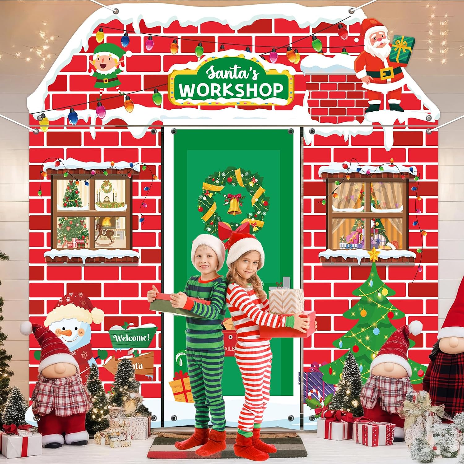 4pcs Christmas Door Decorations Set Red Brick Santas Workshop Door Covers Christmas Front Porch Banner Xmas Tree Snowman Hanging Backdrop for Classroom Office New Year Holiday Party Wall Decor
