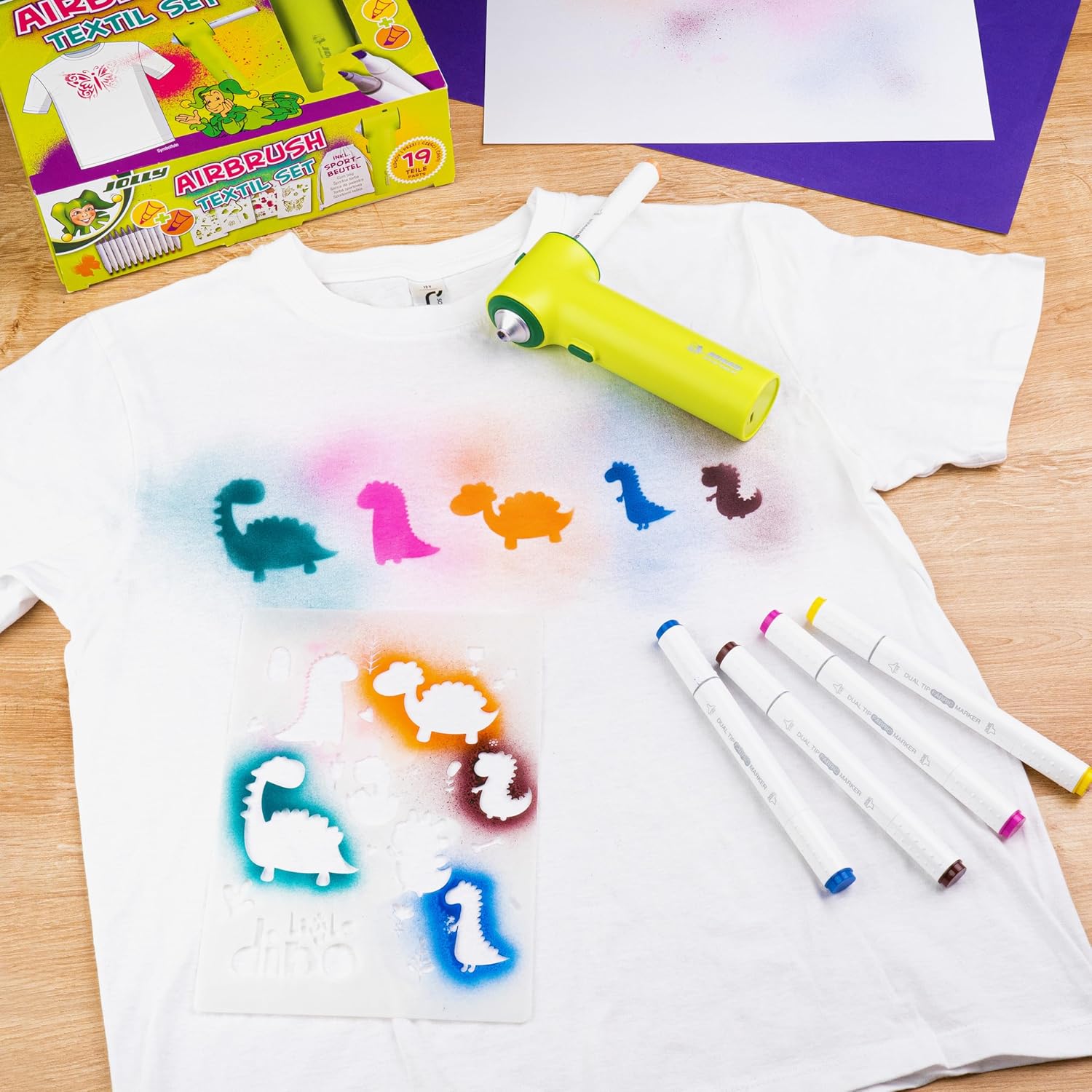 JOLLY Airbrush Textile Refills, 12 Textile Markers with DUO Tip, Multicoloured, Machine Washable After Fixation
