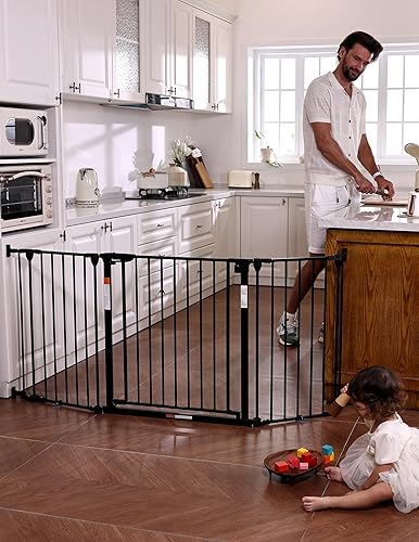 Puerta extra ancha para bebé, puerta para perros para escaleras de casa, chimenea, 3 paneles de metal, color negro